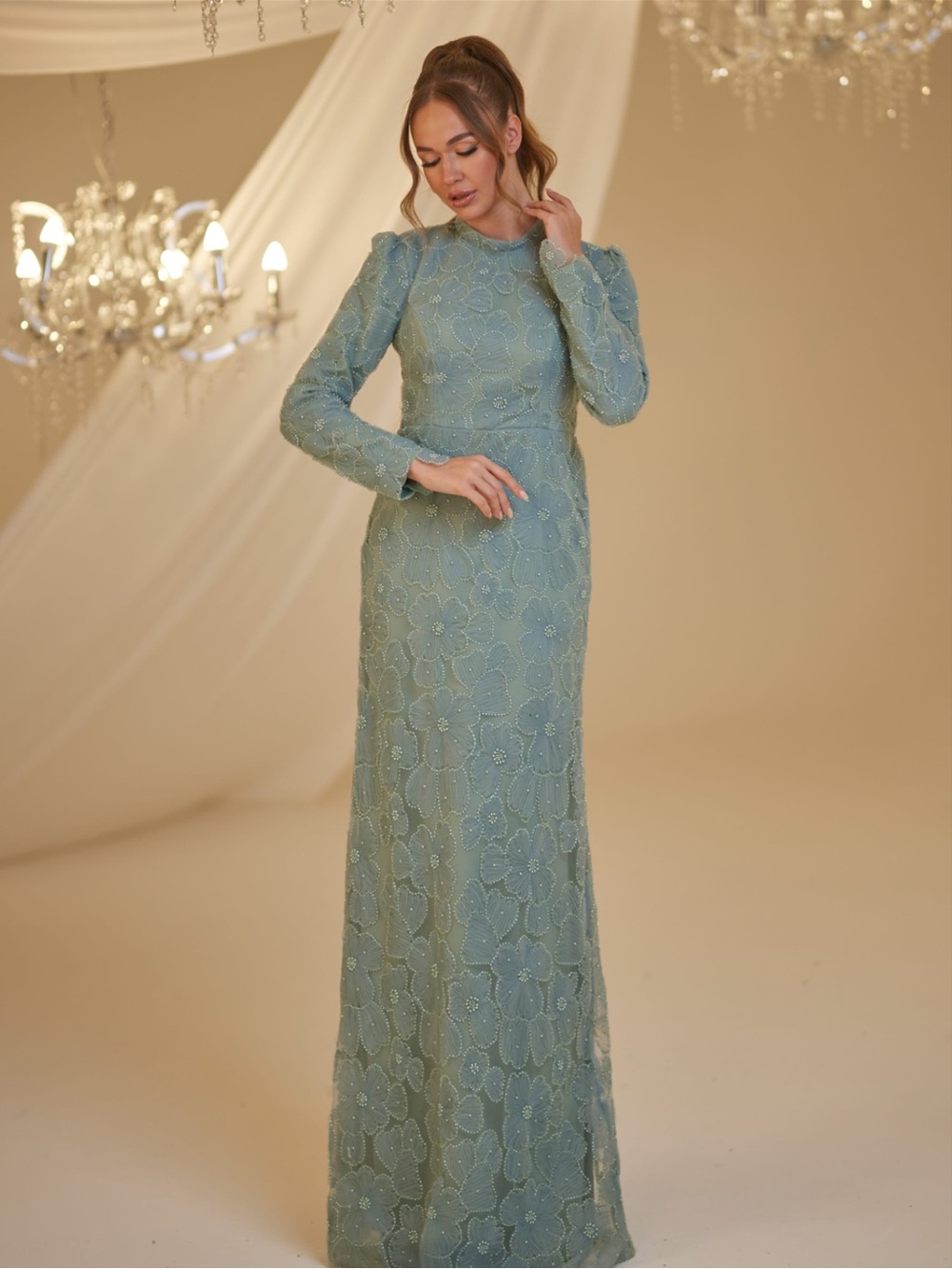 Mint Green Floral Lace Beaded Dress